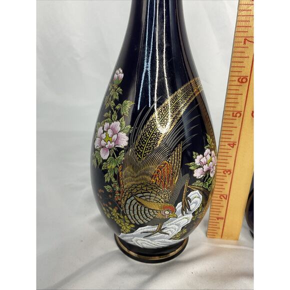 VTG ASIAN DARK BLUE COBALT VASES FLORAL PHEASANT BIRD MOTIFS - Picture 2 of 8